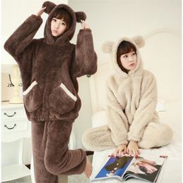 Women's Sleepwear Two Piece Winter Women Pyjamas Thicken Flannel Pyjama Sets Lovely Bear Hoodie Cute Pijama Long Nightgown 221124