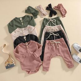 Clothing Sets Born Baby Boys Girls Clothes 0-24M 3pcs Solid Long Sleeve Romper Tops Elastic Pants Headband