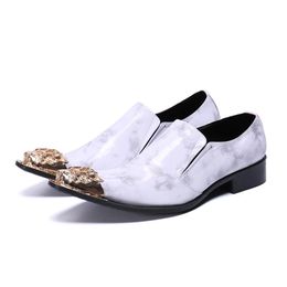 Genuine Leather Business Men Slip On White Formal Oxford Shoes Gold Pointed Toe Leather Loafers