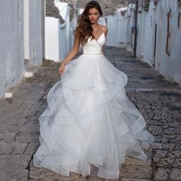 Darla Spaghetti Straps Wedding Dress Tiered V-Neck Pleats Princess Crystal Bride Gown Tulle Backless Zipper