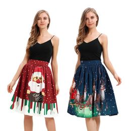 Skirts Colourful Christmas Snow Elk Santa Claus Printed Pleated Skirt Women Elestic Waist A Line Tutu Party Costume