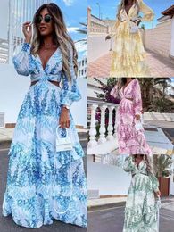 2024SS Casual Dresses Long Vestidos flounces summer chain long sleeve vneck lace fashion sexy print dress INS trendy Y2K Vneck sexy d 221126