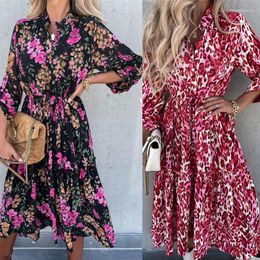 Casual Dresses 2022 Fall Elegant V Neck Long Shirt Dress Sleeve Lace-Up Women Party Red Floral Print Loose Boho Beach