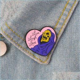 Pins Brooches Live Laugh Love Enamel Brooches Pin Heart Shape Skeleton Badge Lapel For Denim Jeans Shirt Bag Gothic Jewellery Dhgarden Dh7Kl