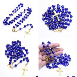 Pendant Necklaces Religious Blue Resin Beaded Rosary Necklace Gold Jesus Cross Pendant Prayer Jewellery Gifts For Men Women Drop Deliv Dhfpa