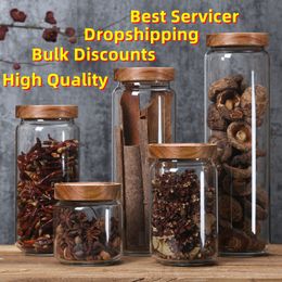 Storage Bottles Jars Wood Lid Glass Airtight Canister Kitchen Storage Bottles Jar Sealed Food Container Tea Coffee Beans Grains Candy Jars Orgnizer 221128