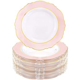 Disposable Dinnerware 20Pcs Dinner Plate Baroque Pink and Gold Plastic Birthday Wedding Mother's Day Party Tableware Supplies 221128
