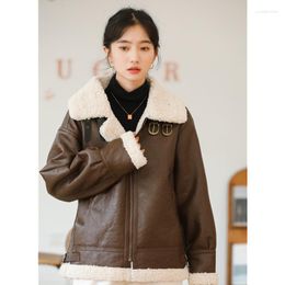 Women's Down Women Brown Jacket Coat Fleece Thicken Lambswool Lapel Fashion Zipper Windproof Warm Leisure Retro Winter Outerwear Tops