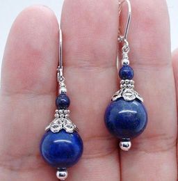 Dangle Earrings Vintage Blue Lapis Lazuli Round Bead Pendant Womens Tribal Jewelry Metal Antique Silver Color Ethnic