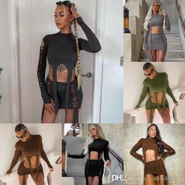 Women Two Piece Dress Designer Sexy Fashion Autumn New Hole Long Sleeve Tops Fit Short Skirt Sets