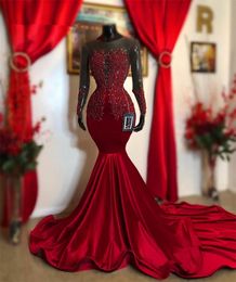 Red Beaded Appliques Velvet Prom Dresses Illusion Long Sleeve backless aso ebi fishtail Evening Dress Mermaid Black Girl