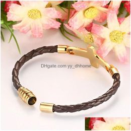 Charm Bracelets Goldcolor Stainless Steel Cross Bracelets Bangles For Men Pu Leather Hand Chain Drop Delivery Jewelry Dhm7B