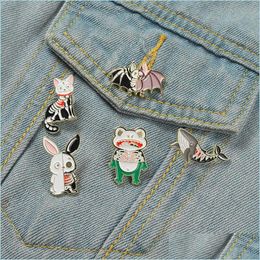 Pins Brooches Half Skeleton Animal Enamel Pins Custom Cat Frog Bat Rabbit Whale Brooch Lapel Badge Punk Cartoon Jewellery Gif Dhgarden Dh4Tb