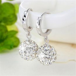 Hoop Earrings Luxury Female White Crystal Drop Charm Sterling Silver For Women Round Ball Wedding