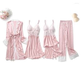 Women's Sleepwear 5 Pieces/set Nightwear Set Negligee Robe Pyjamas Sexy Lace Satin Women Nightgowns Kimono Bathrobe Silk Erotic