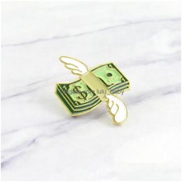 Pins Brooches Funny Dollar With Wings Brooch Creative Cartoon Flying Dollars Enamel Pin For Boys Gold Plated Metal Badges Jewellery S Dhqzt