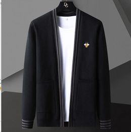 New men's casual Sweater loose Long-sleeved wool Knit stripe Men cardigans Woollen Sweaters pluz size black embroidery bee knitwear jacket for fall and spring