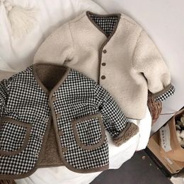 Coat Childrens thickened warm jacket autumn winter baby kids Boys girls Plaid Wool Korean jackets on both sides coats tops P4 355 221125