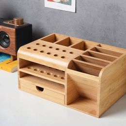 Tool Box Holder Wooden for Tweezers Screwdrivers Knives Rulers Compartment Storage Shelf Smartphone Remote Control 221128