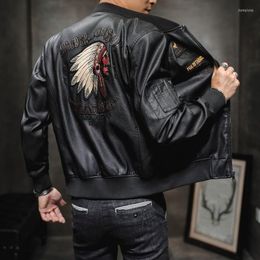 Men's Down Collar PU Leather Jacket Baseball Embroidered Motorcycle Suit 2022 Spring And Autumn Leisure Trend