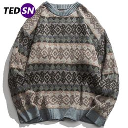 Men's Sweaters Men's TEDSN Vintage Knitted Sweater 2022 Winter Men Women Streetwear Oversize Harajuku Classical Pattern Print Pullover