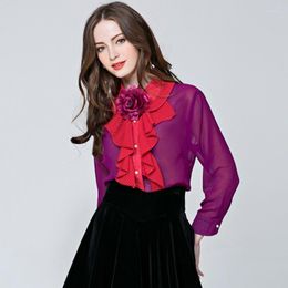 Women's Blouses Korean Purple Fashion Sexy See-Through Long-Sleeved Shirt Women's Casual Loose Pleated Top Trendy Elegant Tops 2022