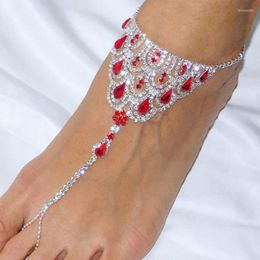Anklets VCU Ruby Red Crystal Anklet Rhinestone Foot Chain For Women Boho Finger Toe Barefoot Sandal Jewellery