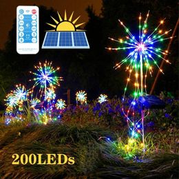 200 LED Solar Fireworks Light Strings Outdoor Dandelion IP65 Waterproof Flash String 8 Modes Remote Control Garden Lawn Landscape Christmas