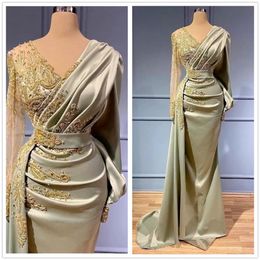 Dubai V Arabic Neck Satin Mermaid Evening Dress Sheer Long Sleeves Beaded Ruched Floor Length Formal Party Gowns Special Ocn Dresses es