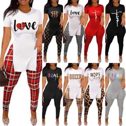 Desinger Women Letter Pattern Printed Tracksuits Slim Sexy Split Short Sleeve T Shirt Pants Outfits 2 Piece Matching Set 18 Colours