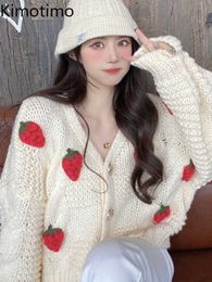 Women's Sweaters Kimotimo Knitted Cardigan Women 2022 Autumn Strawberry Three-dimensional Hook Flower Sweater Coat French Sweet Loose Cardigans J220915