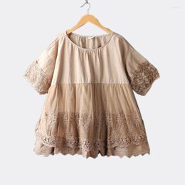 Women's Blouses FairyNatural Women Lolita Water Soluble Lace Embroidery Tops O-Neck Short Sleeve Doll Shirt Blouse For