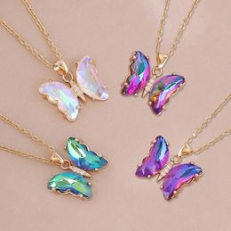 Luxury Gradient Colorful Butterfly Pendants Necklace Alloy Zirconia For Women Summer Clothes Jewelry Accessories Clavicle Chain