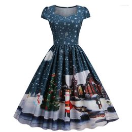 Christmas Decorations Fashion Women Chirtsmas Half Sleeve Swing Dress For Ladies Retro Large Santa Claus Snowflake Chirstmas Tree Printed