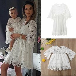 Basic Casual Dresses Daughter Family Matching Clothes Mother Women Floral Lace Dress Baby Girl Mini Mom Party Fashio