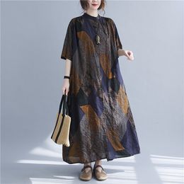 Casual Dresses Johnature Women Cotton Linen Shirt Dress Stand Collar Half Sleeve Long Dresses Block Print Floral Summer Vintage Dress 221126