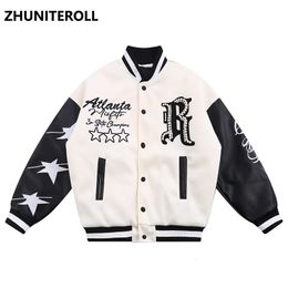Men's Down Parkas Harajuku PU Leather Patchwork Parka Men Pearl Embroidery Thick Jacket Hip Hop Windbreaker Winter Padded Baseball Coat Loose 221124