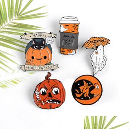 Pins Brooches Brooches Happy Halloween Enamel Pin Custom Coffee Moon Ghost Pumpkin Umbrella Backpack Clothes Lapel Fun Badg Dhgarden Dhsvc