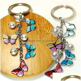 Key Rings Fashion Colorf Butterfly Keyrings Phone Bag Purse School Pearl Pendant Alloy Keychains For Women Gifts Drop Delivery Jewelr Dhoyt