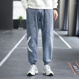 Men's Jeans 2022 Spring Summer Loose Men's Text Embroidery Baggy Elastic Waist Harlan Cargo Jogger Trousers Male Grey Large Size M-8XL