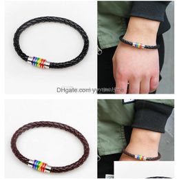 Charm Bracelets Arrival Rainbow Charm Woven Leather Bracelets Stainless Steel Magnetic Buckle Bracelet Jewellery For Men Women Epacket Dhduz