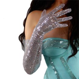 Five Fingers Gloves Sequin Long Gloves Female 70cm blingbling Embroidery Lace Mesh Women Gloves Long Evening Touchscreen Bright Silver White WWS26 221128