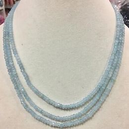 3 row 2X4 mm New Genuine top facial aquamarine bead necklace 17-19"