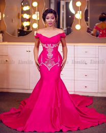 Elegant Fuchisa Evening Dresses For Women Party Off The Shoulder African Aso Ebi Applique Mermaid Prom Gowns Long