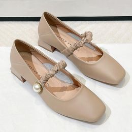 Dress Shoes Soft Leather Women Summer Retro Mary Jane Square Toe Heels Office Female 4cm Block Pearls Nude/Black Students