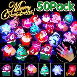 Cluster Rings 50pcs Christmas Decor Creative Cute LED Glowing Ring Cartoon Snowman Elk Santa Claus for Kids Gifts Year Party Supply 221125