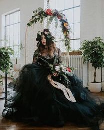 Two Pieces Black Gothic Wedding Dresses Bridal Gowns Long Sleeves Illusion Summer Boho Beach Tiered Piping Long Skirt Vintage Vestido De Novia 2023