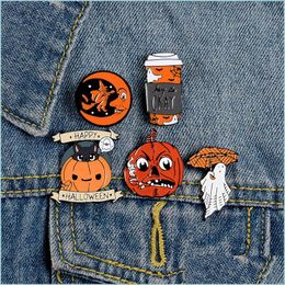 Pins Brooches Happy Halloween Brooches Enamel Pin Custom Coffee Moon Ghost Pumpkin Umbrella Brooch Backpack Clothes Lapel F Dhgarden Dhnc2