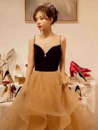 Stunning Evening Dress Champagne with Black Long Prom Gowns Sweetheart Lace-Up Back
