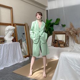 Women's Suits 2022 Boyfriend Style Green Loose Jacket Fashion Long Sleeve Cotton Casual Single Breasted Fall Women Blazers Tops